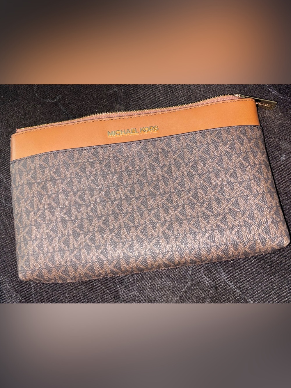Michael Kors Brown Logo Zip Pouch with Tan Trim